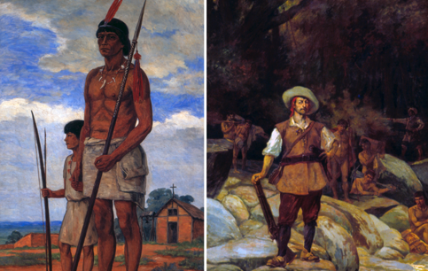 "Cacique Tibiriçá e Neto" (1932), de José Wasth Rodrigues, "Ciclo da Caça ao Índio" (1922), de Henrique Bernardelli - Acervo Museu Paulista da USP